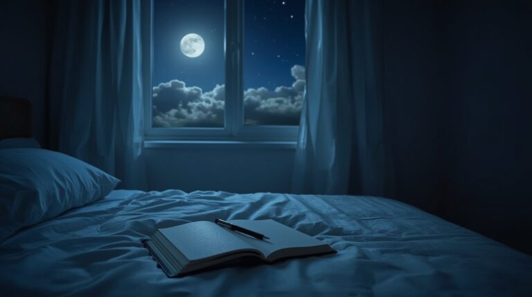 Traumtagebuch auf einem Bett bei Mondlicht als Symbol für den Einstieg ins Klarträumen