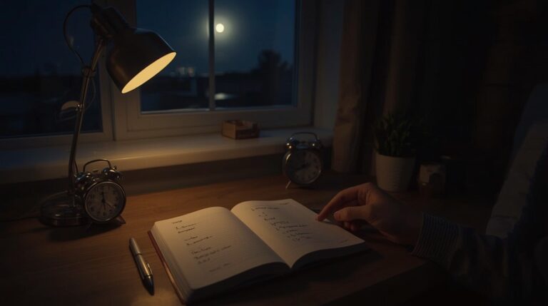 Offenes Traumtagebuch mit Wecker und Lampe am Fenster bei Nacht als Symbol für Reality Checks beim Klarträumen