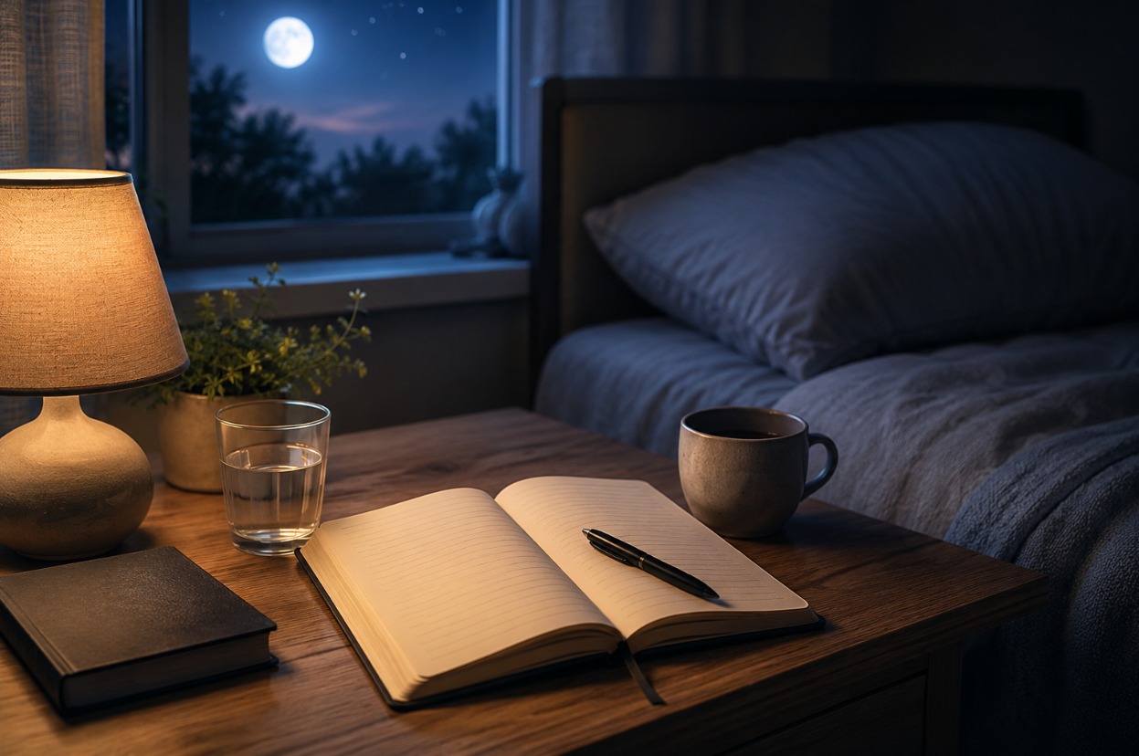 Offenes Traumtagebuch mit Stift auf einem Nachttisch im Mondlicht als Symbol für bessere Traumerinnerung