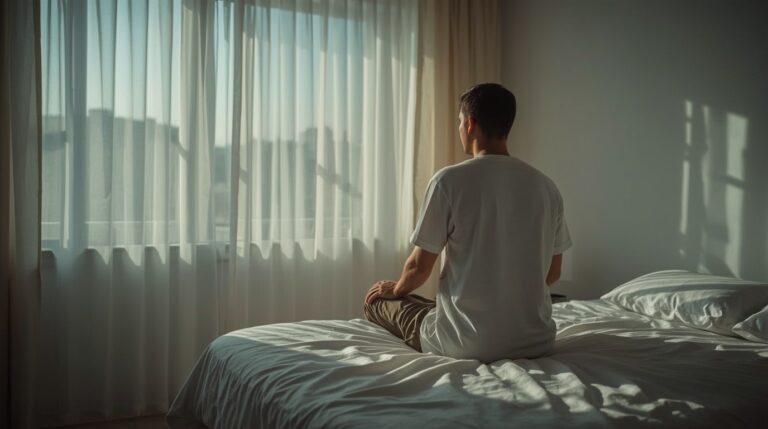 Ruhige Person sitzt morgens auf dem Bett vor hellen Vorhängen