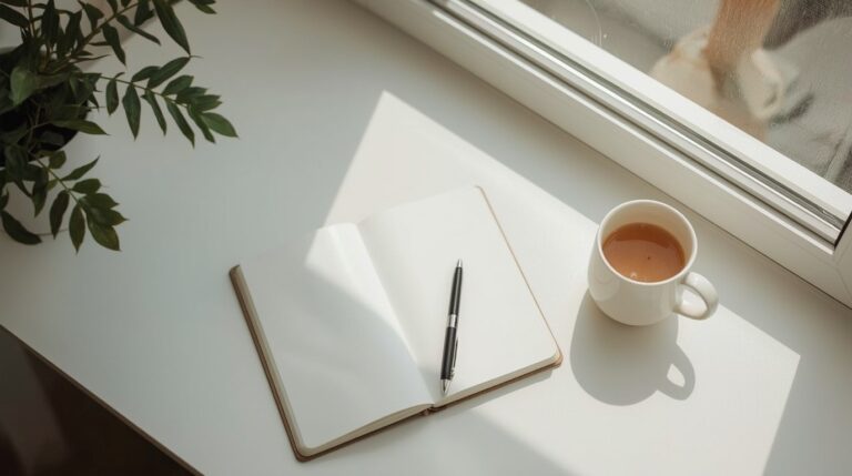 Offenes Notizbuch mit Stift und Tee am Fenster als Symbol für vorsichtige Traumarbeit