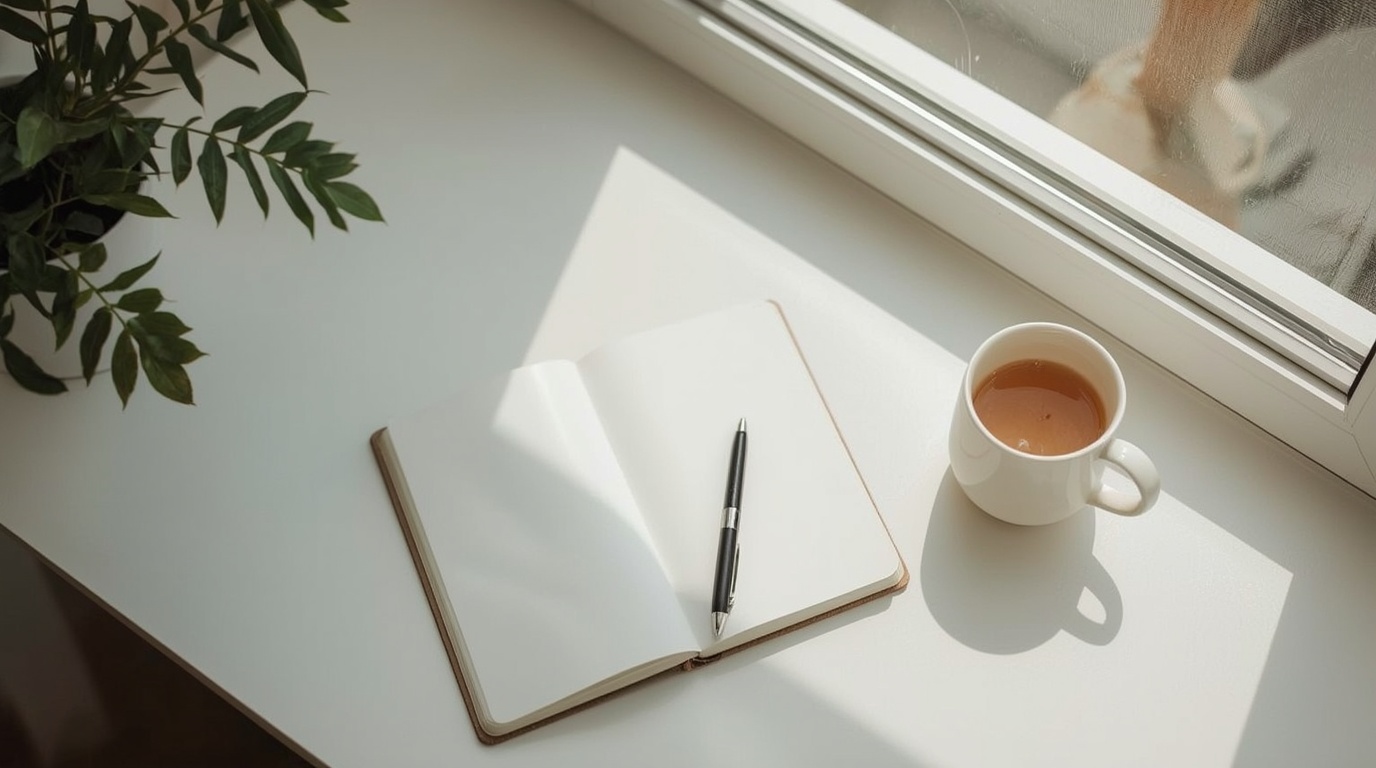 Offenes Notizbuch mit Stift und Tee am Fenster als Symbol für vorsichtige Traumarbeit