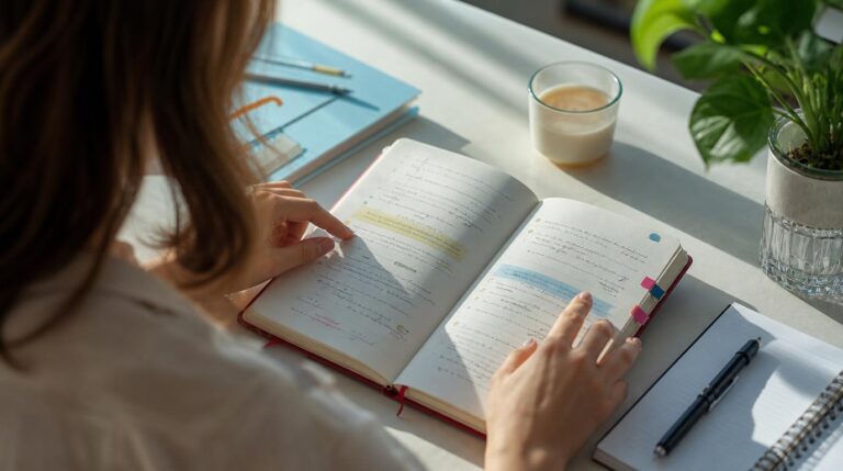 Person wertet an einem Schreibtisch ein geöffnetes Traumtagebuch mit mehreren Einträgen aus