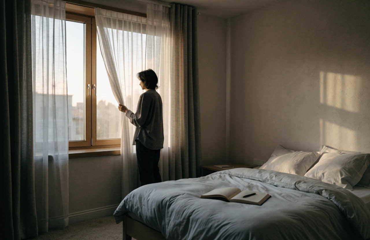 Person notiert morgens bei natürlichem Licht einige Traumerinnerungen in einem Notizbuch