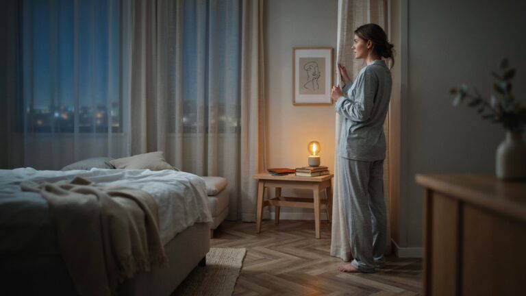 Person bereitet abends in einem ruhigen Schlafzimmer die Schlafumgebung vor