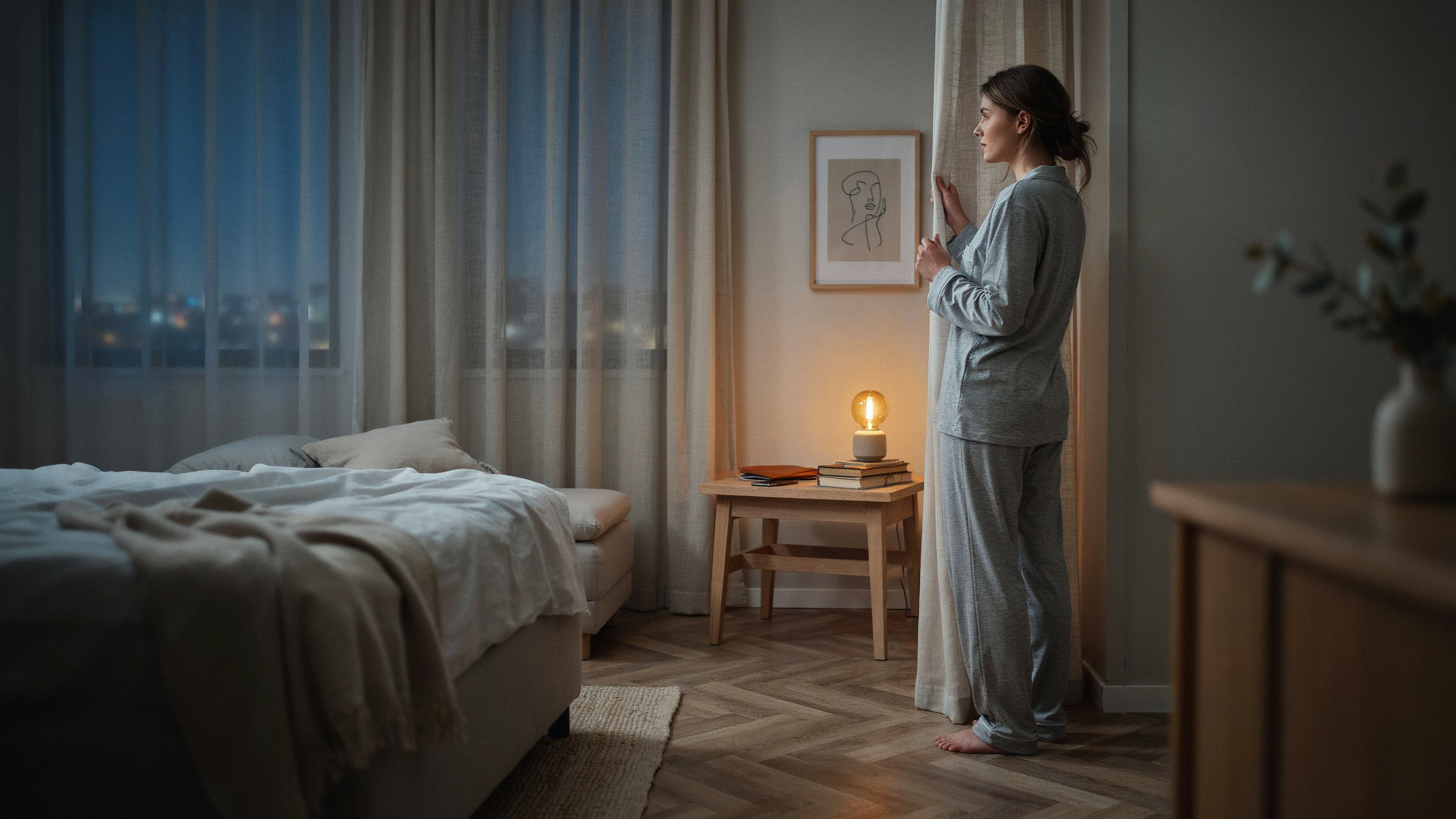 Person bereitet abends in einem ruhigen Schlafzimmer die Schlafumgebung vor
