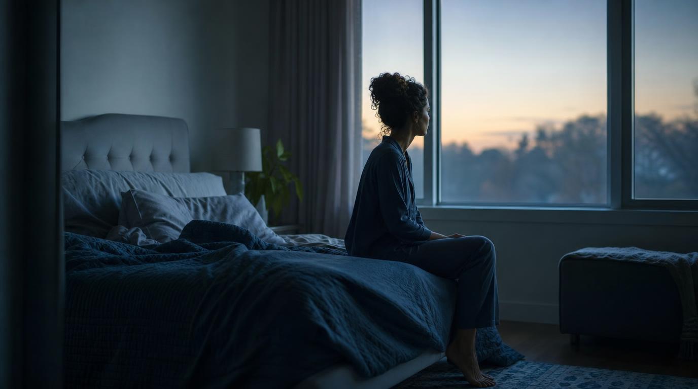 Person sitzt früh am Morgen wach auf der Bettkante in einem ruhigen Schlafzimmer